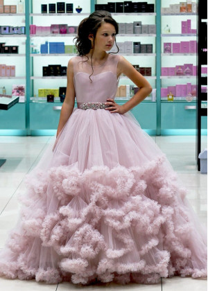 Light Mauve Tulle Ruffle Clouds Flower Girl Dress